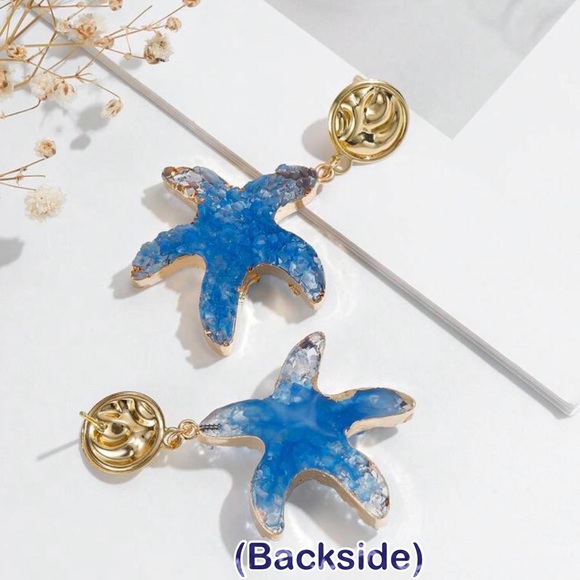 “Blue Druzy Starfish” Gold Dipped Geode Ocean Sea Marine Tropical Steel Earrings - Picture 6 of 10
